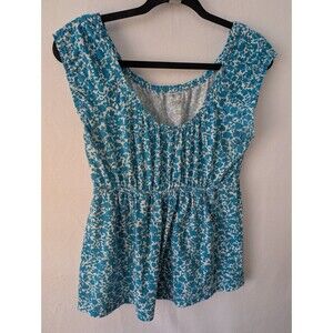 Madison Aqua & White Scoop Neck Babydoll Top Women's Large